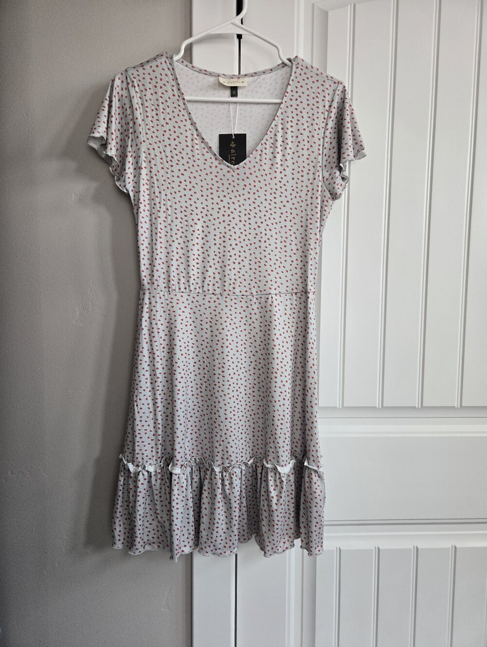 Heart-Print Midi Dress in Light Gray with Red Accent - V-Neck Ruffle Hem